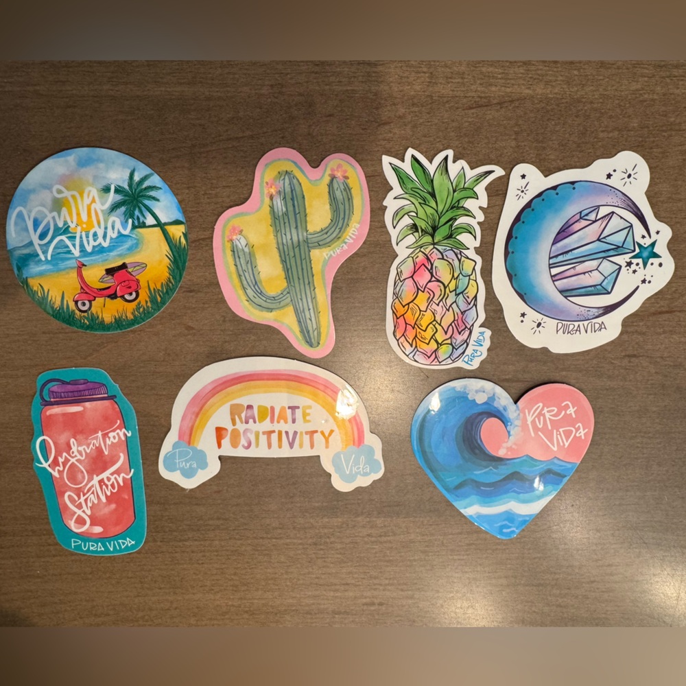 Pura Vida Sticker Set of 7 Beach Pineapple Cactus Rainbow
